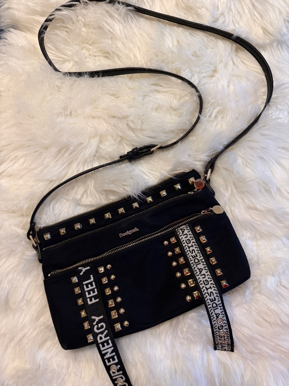Desigual Black Studded Crossbody with Printed Straps